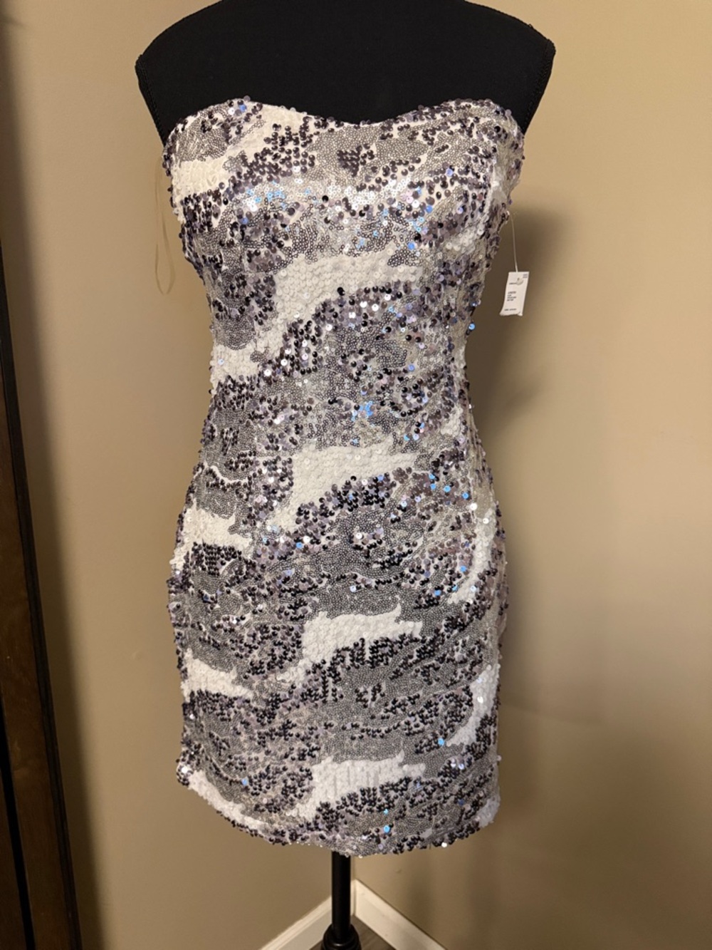 Three Pink Hearts Strapless Sequin Mini Dress in Silver and White